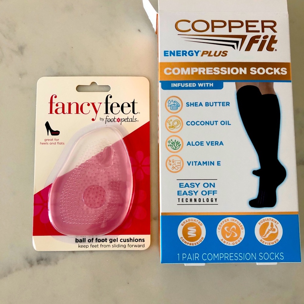 Copper Fit black compression socks and Fancy Feet ball of foot gel cushions